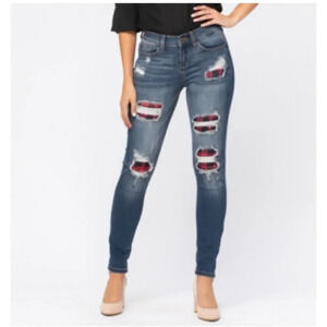 Judy Blue  mid rise buffalo plaid patch skinny jeans patchwork casual ankle 9/29